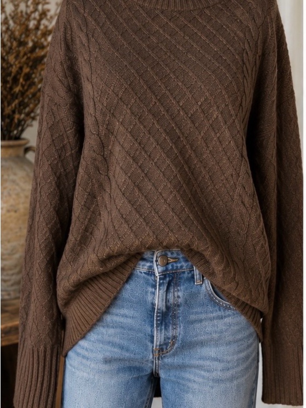 Cyrus Chocolate Brown Cable Knit Scoop Sweater
